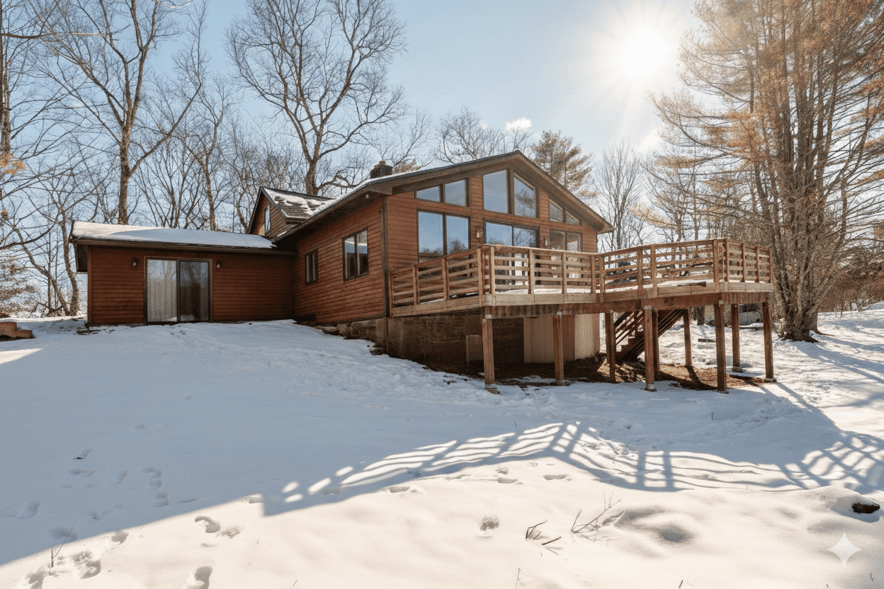 Cedar Stock Cabin exterior in winter with snow-covered grounds and mountain views in Woodstock, NY
